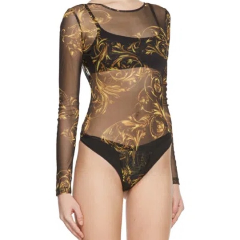 Versace Black Sheer Long-Sleeve Baroque Print Bodysuit with Gold Accents - Picture 7 of 7